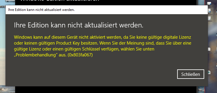 Aktivierungsfehler 0x803fa067